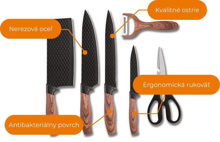 Kuchyňská sada obsahují sekáček, ostrý nůž, nůžky a škrabku